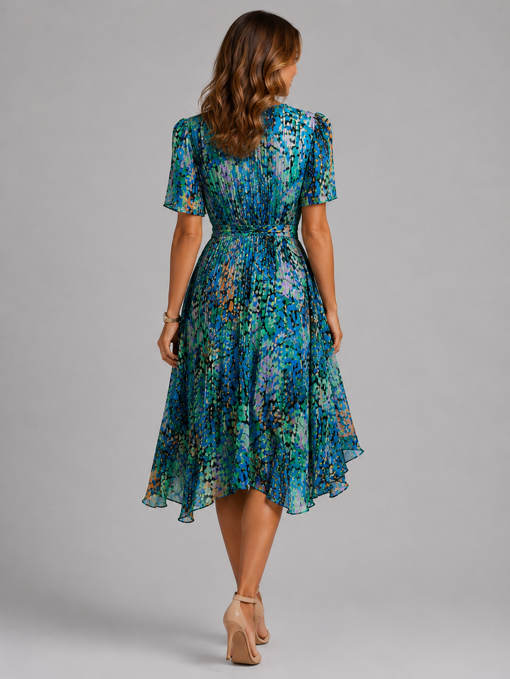 Midi Dress Womens All Over Print V Neck Flutter Sleeve Dipped Hem Defined Waist — image 2
