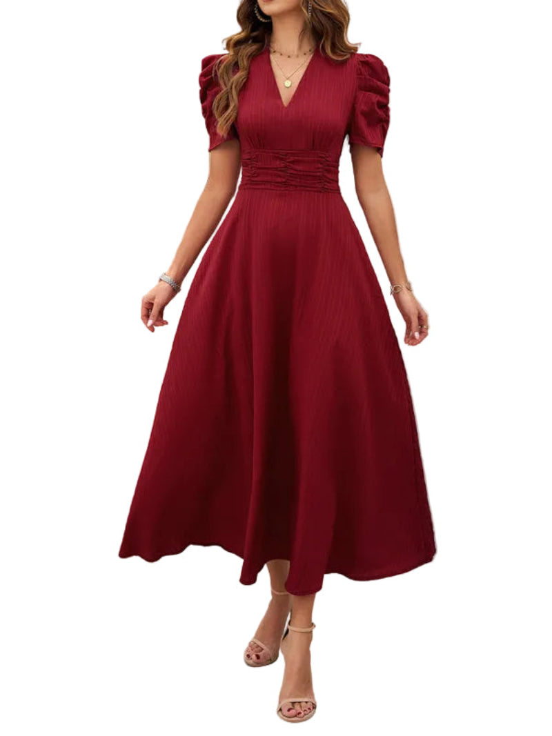 Women’s V Neck Pleated A Line Midi Dress with Puff Sleeves