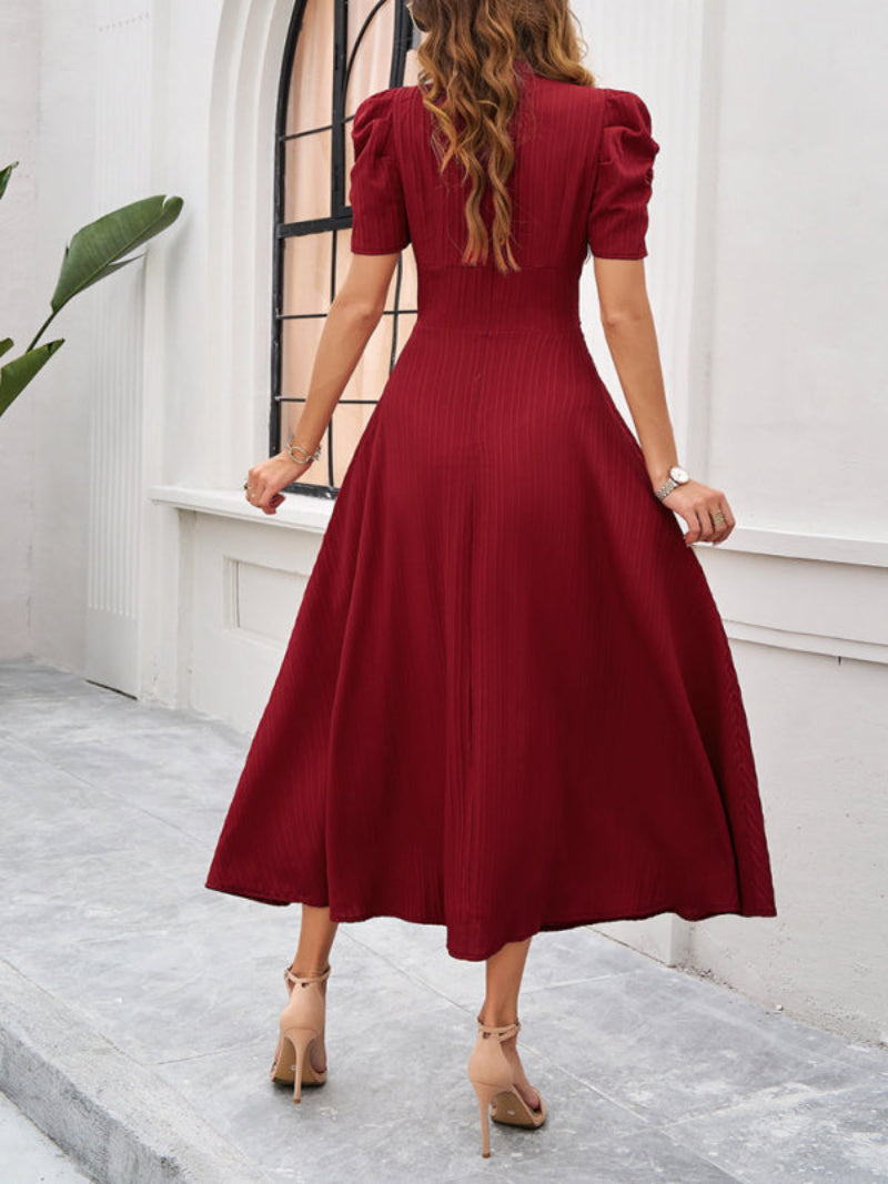 Women’s V Neck Pleated A Line Midi Dress with Puff Sleeves
