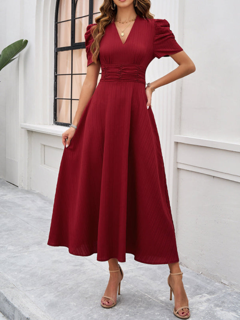Women’s V Neck Pleated A Line Midi Dress with Puff Sleeves