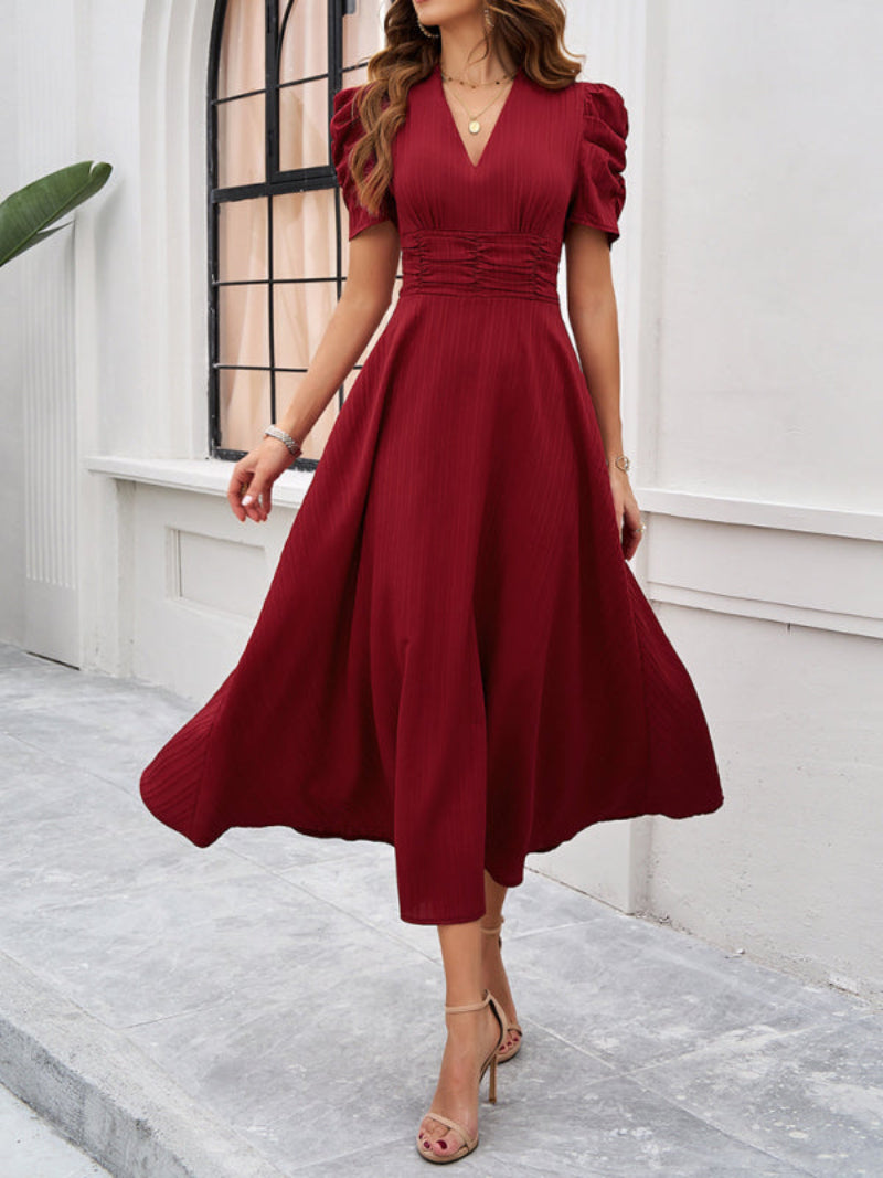 Women’s V Neck Pleated A Line Midi Dress with Puff Sleeves