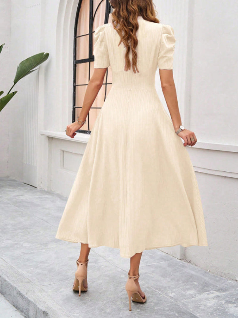 Women’s V Neck Pleated A Line Midi Dress with Puff Sleeves