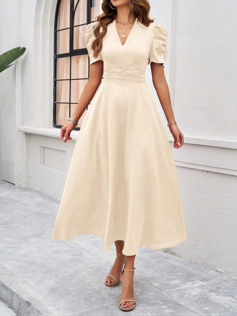 Women’s V Neck Pleated A Line Midi Dress with Puff Sleeves
