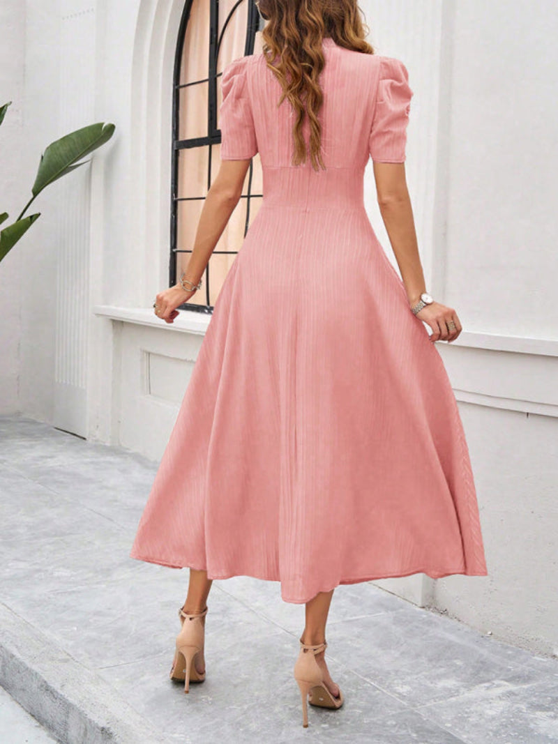 Women’s V Neck Pleated A Line Midi Dress with Puff Sleeves