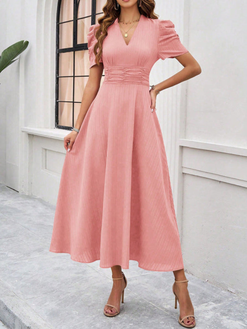 Women’s V Neck Pleated A Line Midi Dress with Puff Sleeves