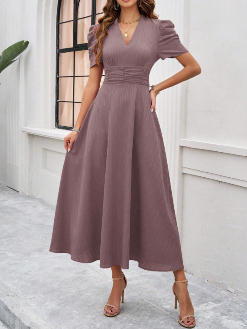 Women’s V Neck Pleated A Line Midi Dress with Puff Sleeves