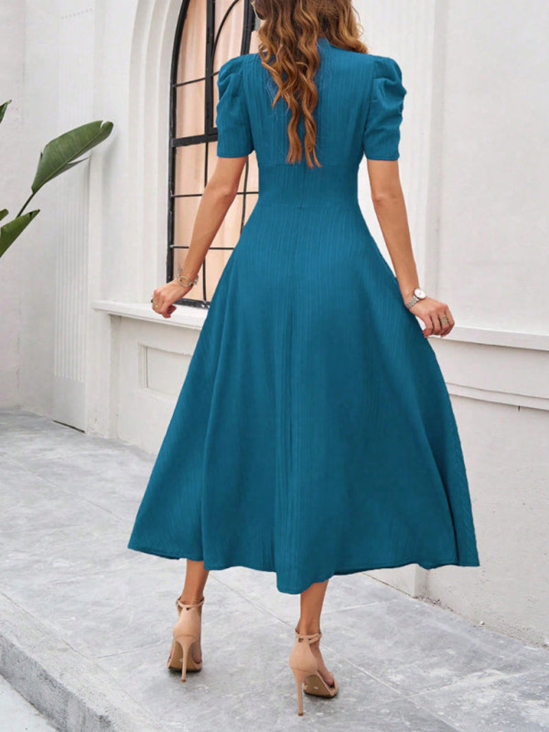 Women’s V Neck Pleated A Line Midi Dress with Puff Sleeves