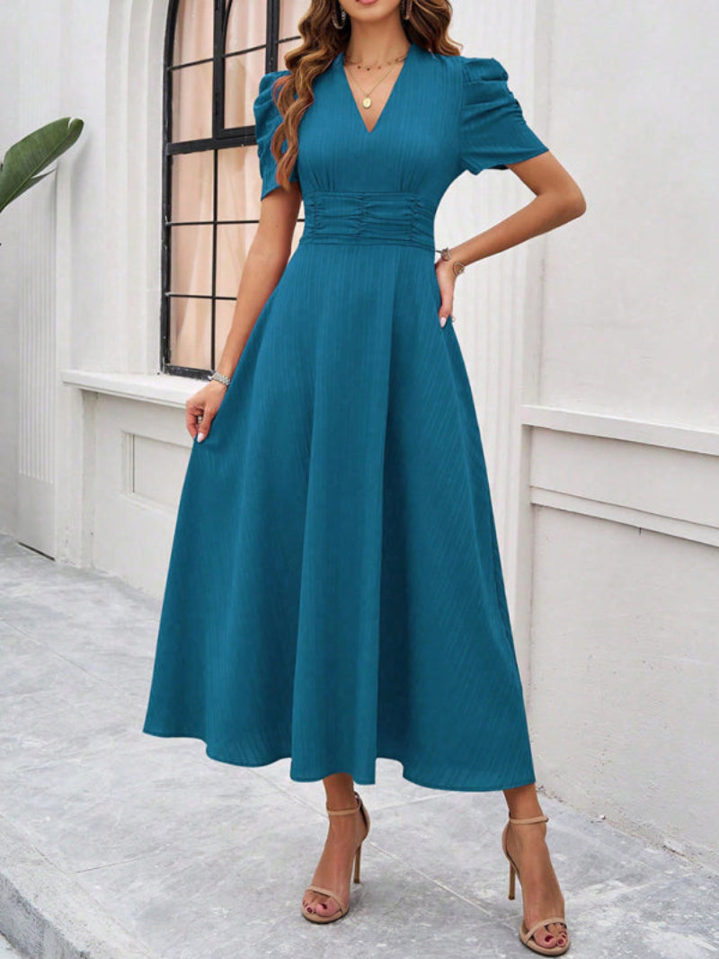 Women’s V Neck Pleated A Line Midi Dress with Puff Sleeves