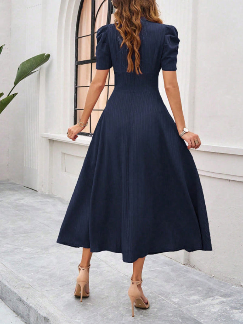 Women’s V Neck Pleated A Line Midi Dress with Puff Sleeves