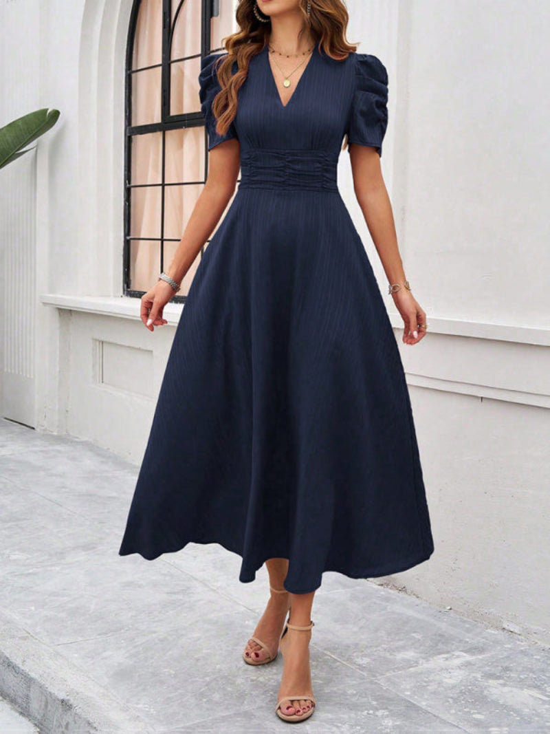 Women’s V Neck Pleated A Line Midi Dress with Puff Sleeves