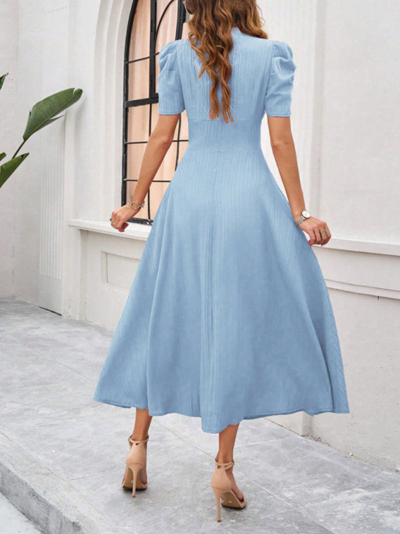 Women’s V Neck Pleated A Line Midi Dress with Puff Sleeves