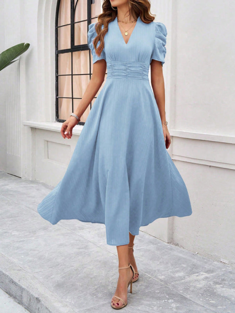 Women’s V Neck Pleated A Line Midi Dress with Puff Sleeves