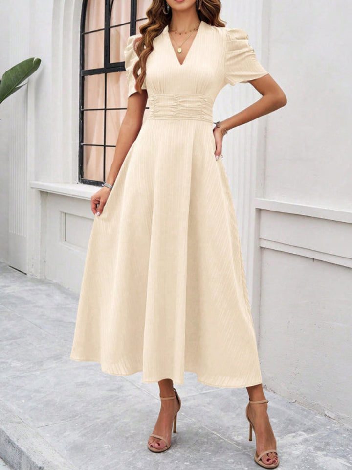 Women’s V Neck Pleated A Line Midi Dress with Puff Sleeves