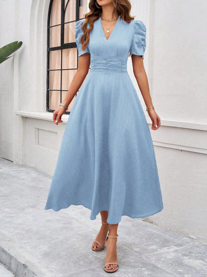Women’s V Neck Pleated A Line Midi Dress with Puff Sleeves