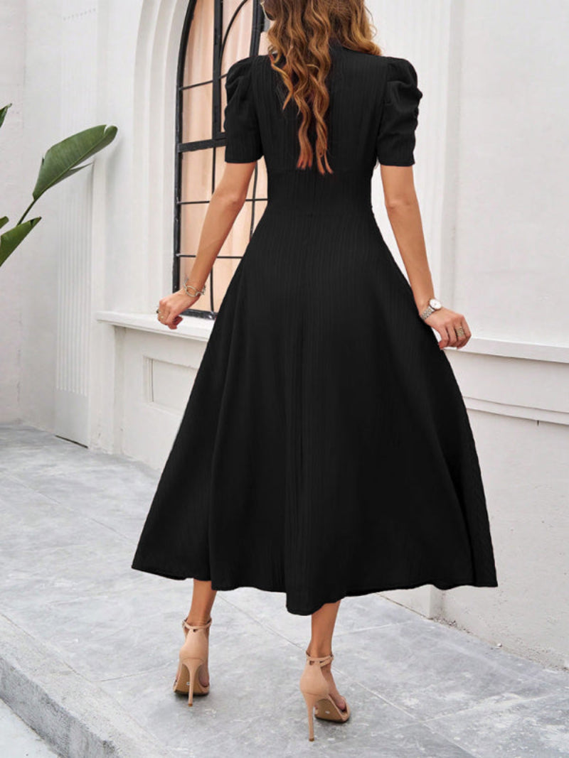 Women’s V Neck Pleated A Line Midi Dress with Puff Sleeves