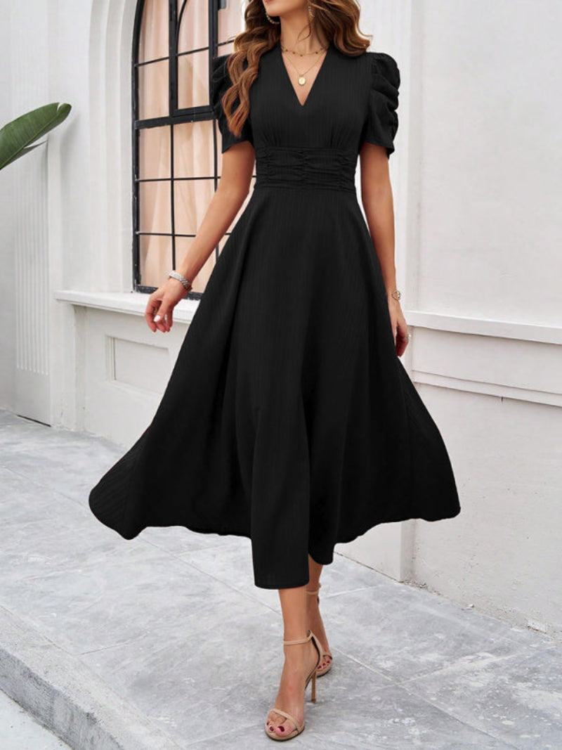 Women’s V Neck Pleated A Line Midi Dress with Puff Sleeves