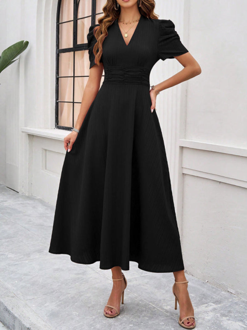 Women’s V Neck Pleated A Line Midi Dress with Puff Sleeves