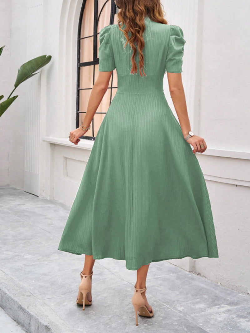 Women’s V Neck Pleated A Line Midi Dress with Puff Sleeves