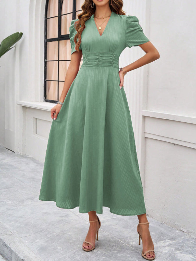 Women’s V Neck Pleated A Line Midi Dress with Puff Sleeves