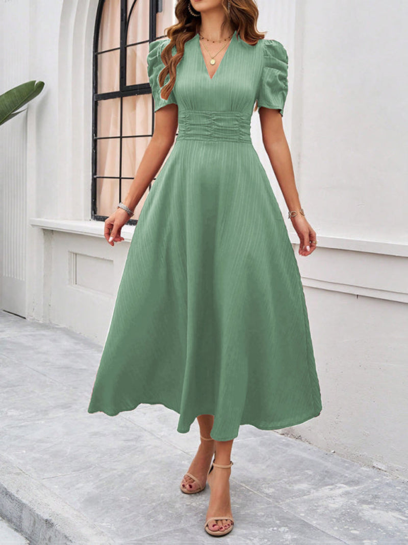 Women’s V Neck Pleated A Line Midi Dress with Puff Sleeves