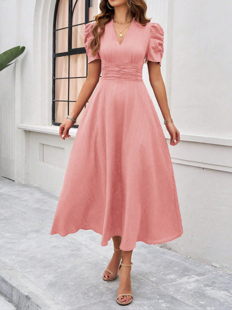 Women’s V Neck Pleated A Line Midi Dress with Puff Sleeves