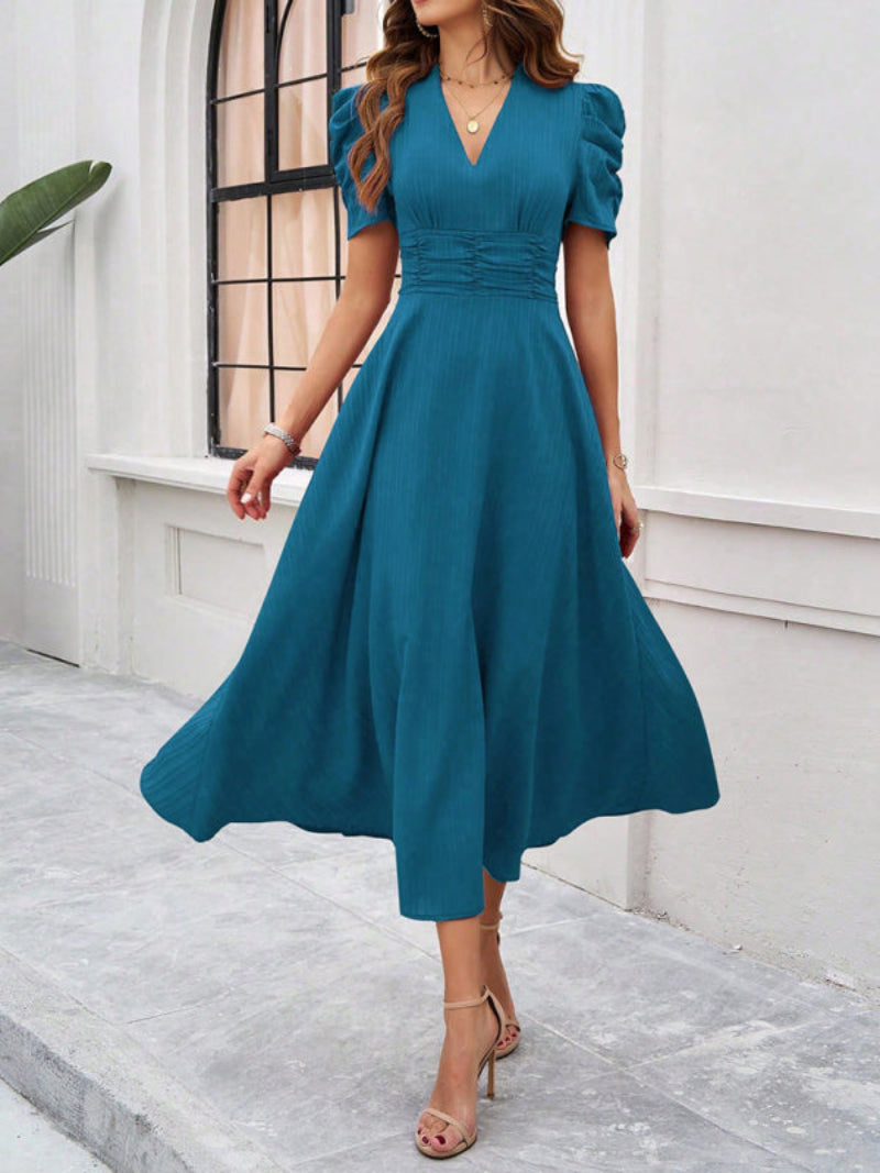 Women’s V Neck Pleated A Line Midi Dress with Puff Sleeves