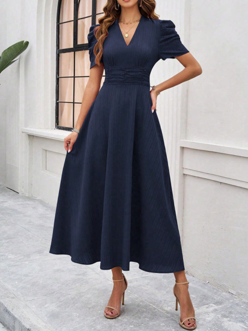 Women’s V Neck Pleated A Line Midi Dress with Puff Sleeves