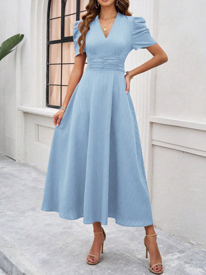 Women’s V Neck Pleated A Line Midi Dress with Puff Sleeves