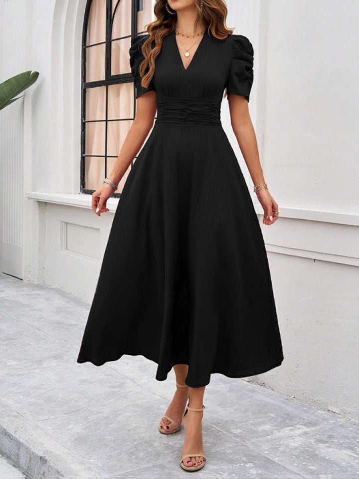 Women’s V Neck Pleated A Line Midi Dress with Puff Sleeves