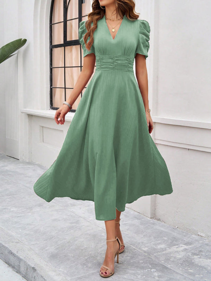 Women’s V Neck Pleated A Line Midi Dress with Puff Sleeves