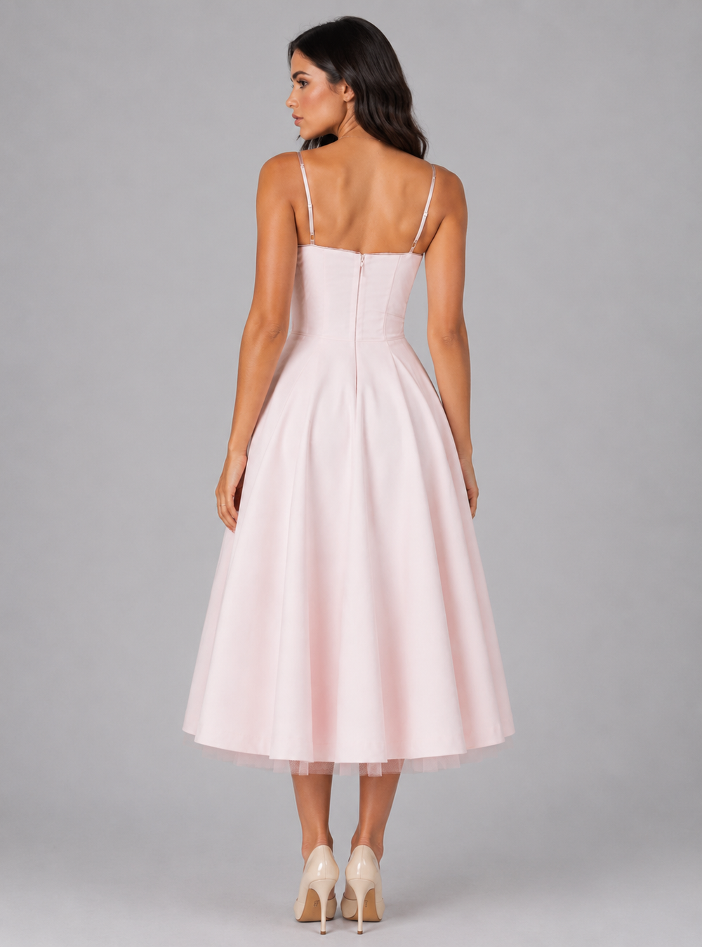 Midi Dress Womens Corset Bodice Sweetheart Neck Adjustable Strap Pleated Full Skirt — image 2