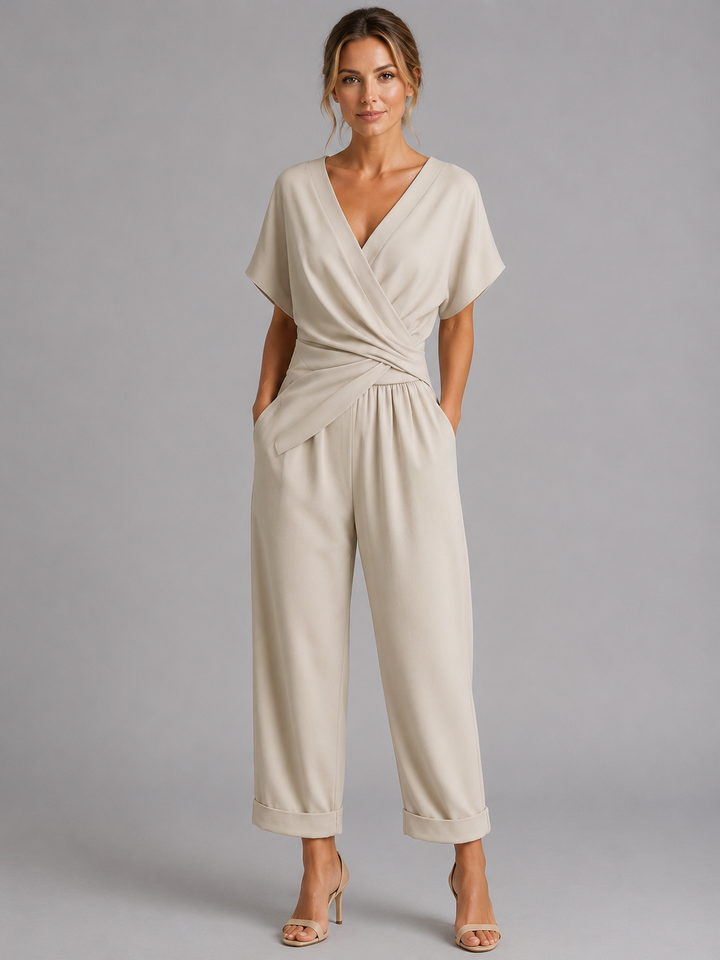 Two Piece Set Womens Wrap Front Top Tie Waist Cropped Trousers Short Sleeve Pockets — image 1