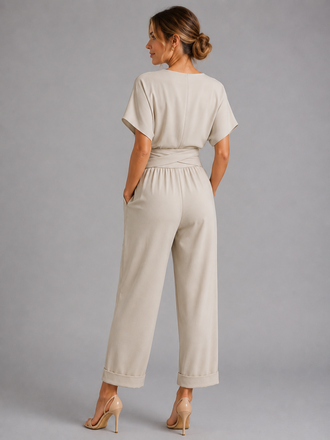 Two Piece Set Womens Wrap Front Top Tie Waist Cropped Trousers Short Sleeve Pockets — image 2
