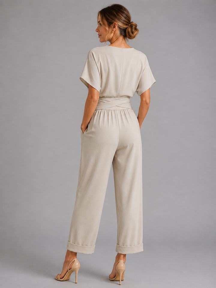 Two Piece Set Womens Wrap Front Top Tie Waist Cropped Trousers Short Sleeve Pockets — image 2