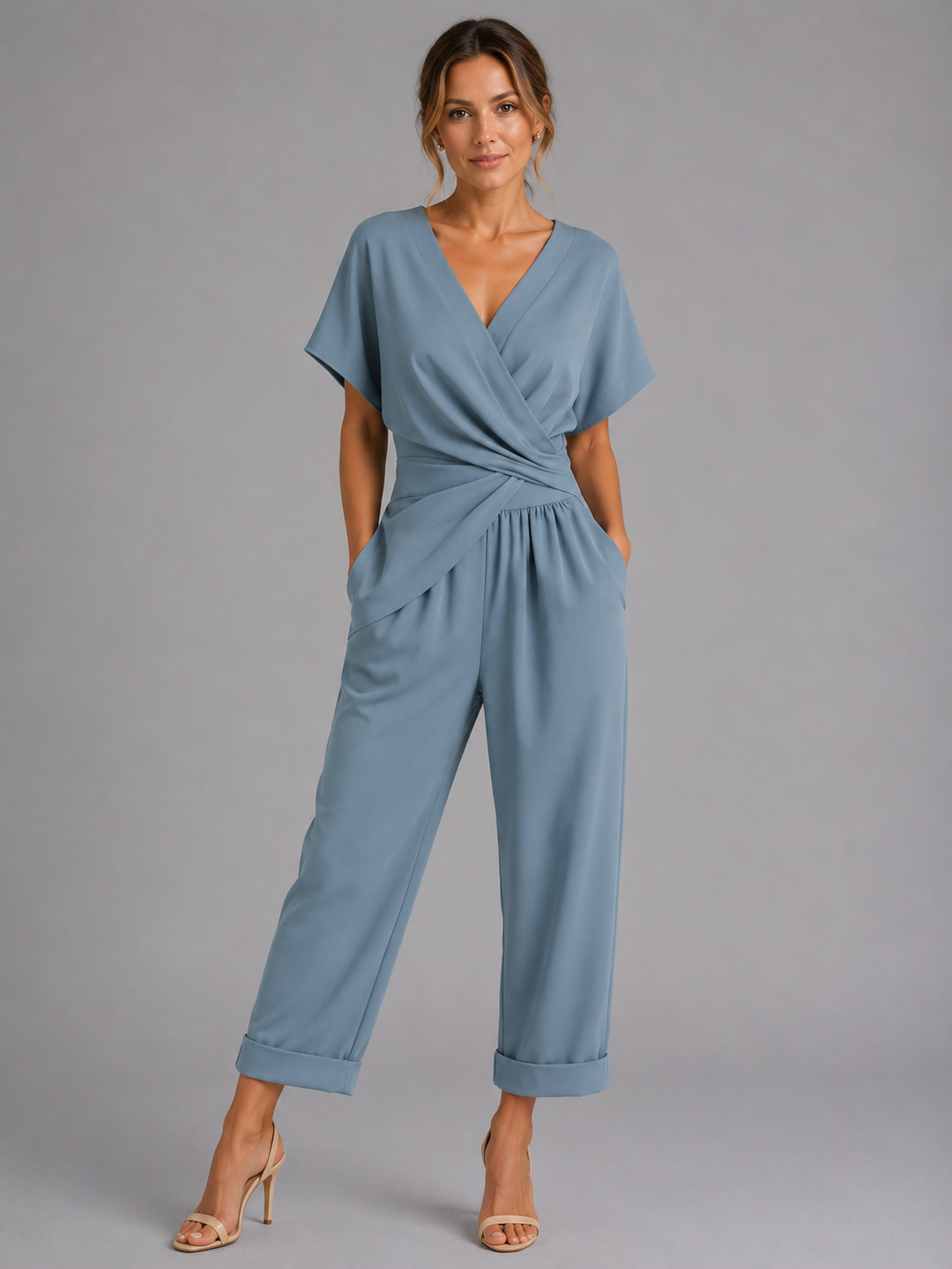 Two Piece Set Womens Wrap Front Top Tie Waist Cropped Trousers Short Sleeve Pockets — image 4