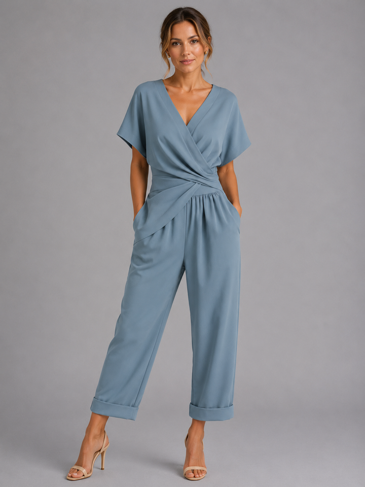 Two Piece Set Womens Wrap Front Top Tie Waist Cropped Trousers Short Sleeve Pockets — image 4
