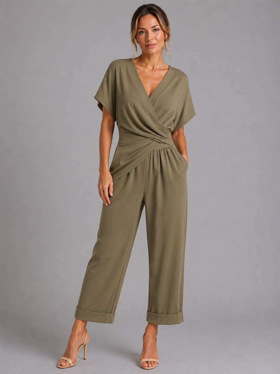 Two Piece Set Womens Wrap Front Top Tie Waist Cropped Trousers Short Sleeve Pockets — image 5