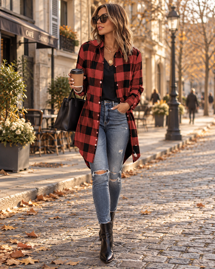 Check Shirt Womens Oversized Flannel Look Button Up Longline Boyfriend Fit Long Sleeve - image 1