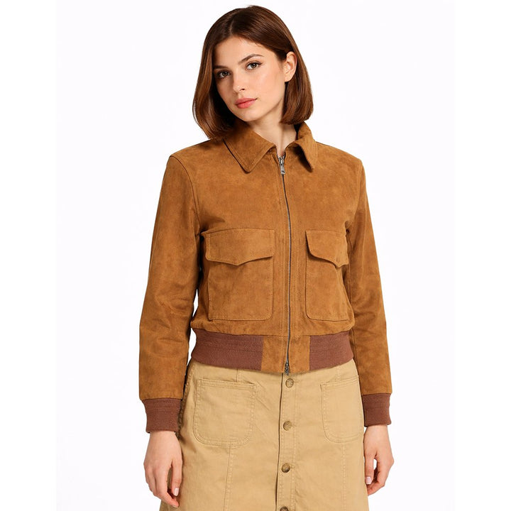 Suede Bomber Jacket Womens Ribbed Collar Zip Front Leather - image 1