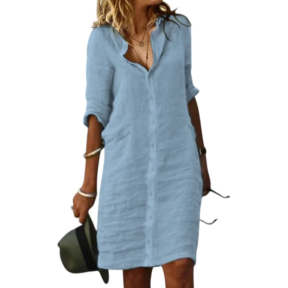 jardi-4 light blue linen shirt dress with collared neckline, button front, and roll-tab sleeves, knee length