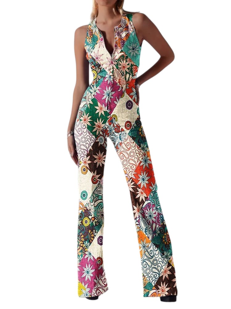 jardi-4 sleeveless wide-leg jumpsuit in 100% cotton with a colorful patchwork floral print and front zipper closure