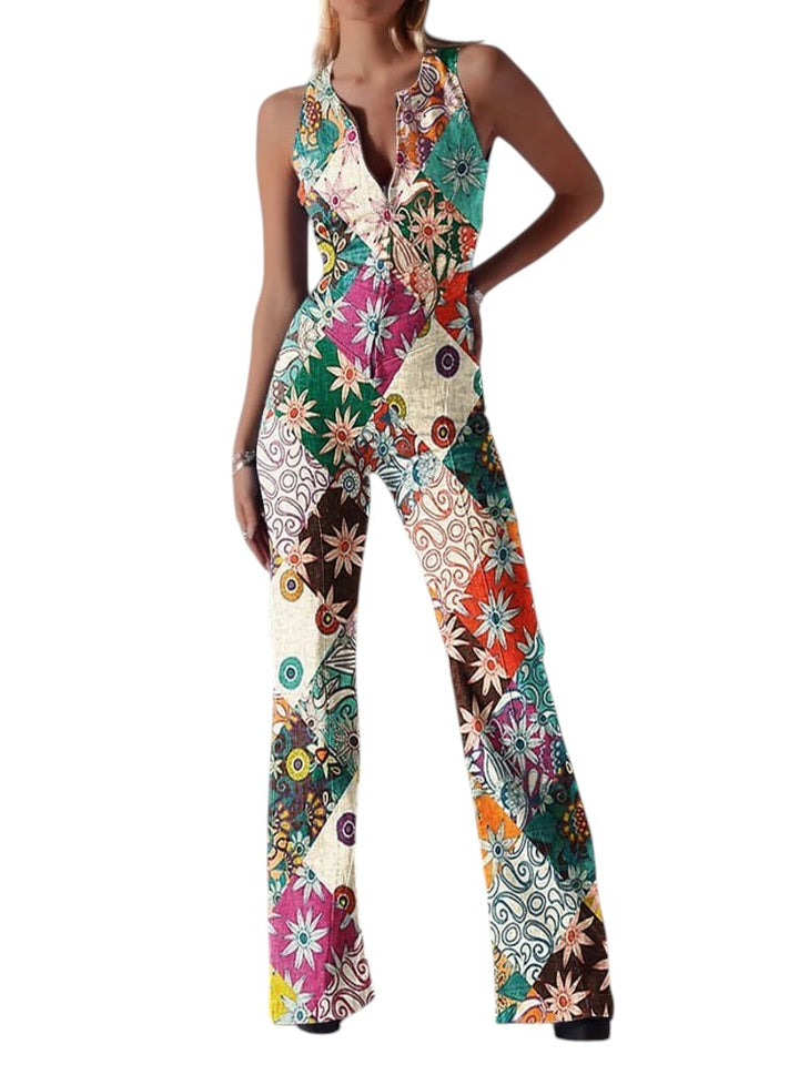 jardi-4 sleeveless wide-leg jumpsuit in 100% cotton with a colorful patchwork floral print and front zipper closure