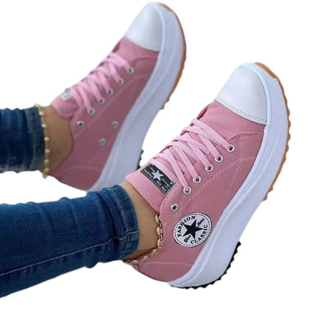 jardi-4 pink canvas lace-up sneakers with a white platform sole and round toe design