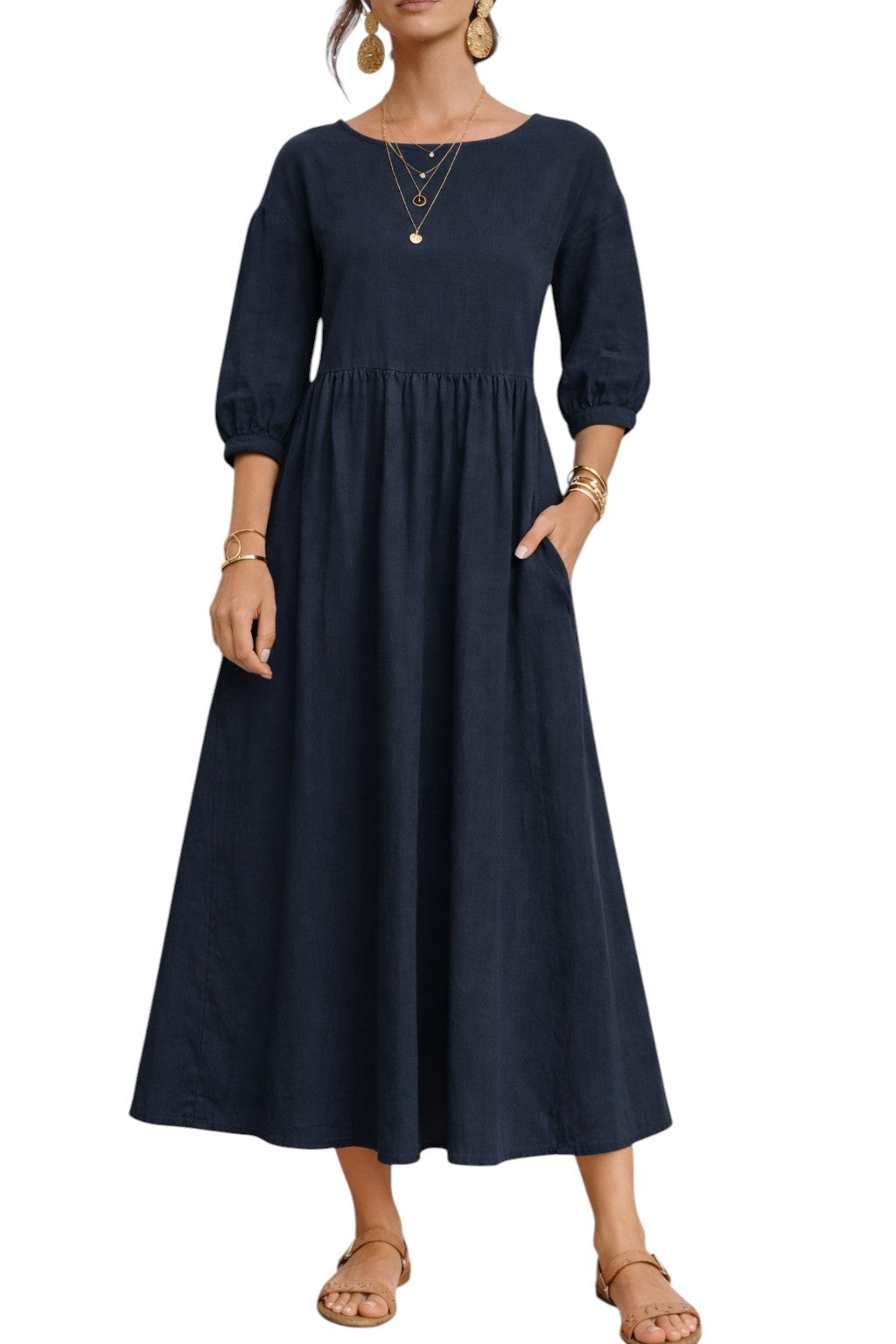 jardi-4 navy blue woven maxi dress with three-quarter sleeves, gathered waist, and side pockets on a model