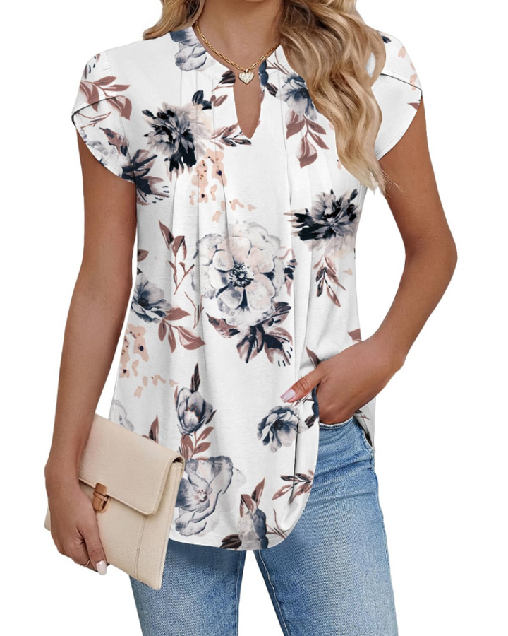 Pleated Blouse Womens V-Neck Petal Sleeve Loose Fit Curved Hem - image 4