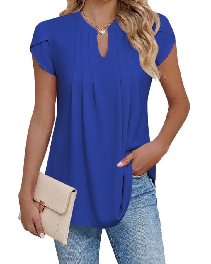 Pleated Blouse Womens V-Neck Petal Sleeve Loose Fit Curved Hem - image 5
