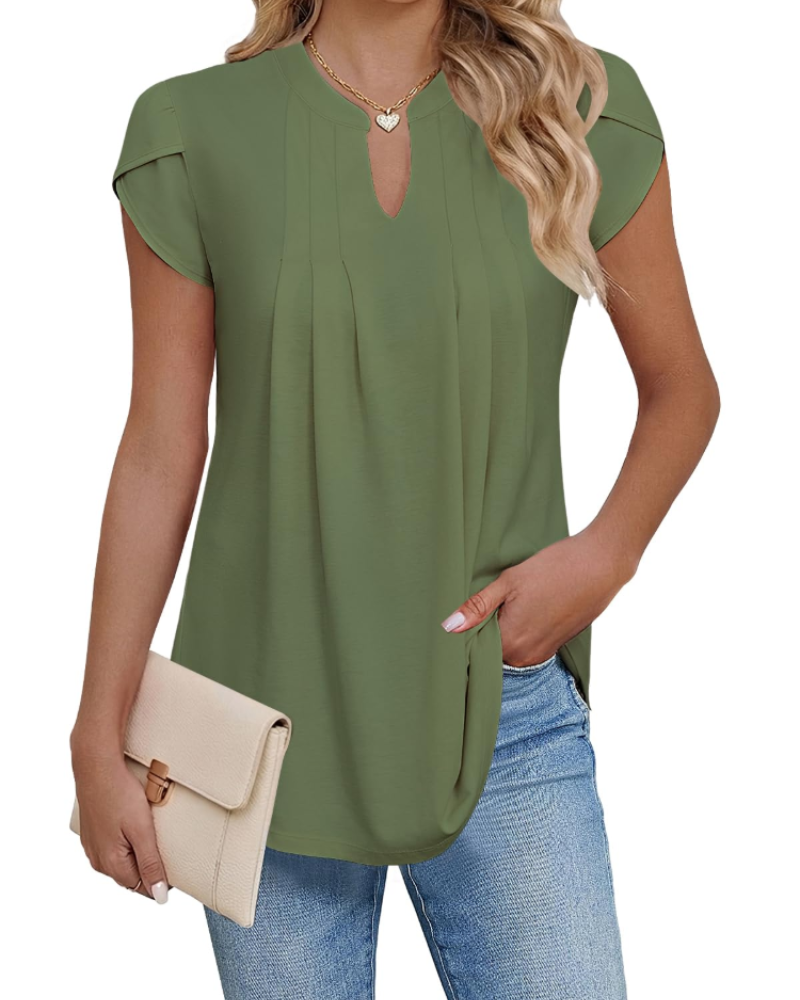 Pleated Blouse Womens V-Neck Petal Sleeve Loose Fit Curved Hem - image 9