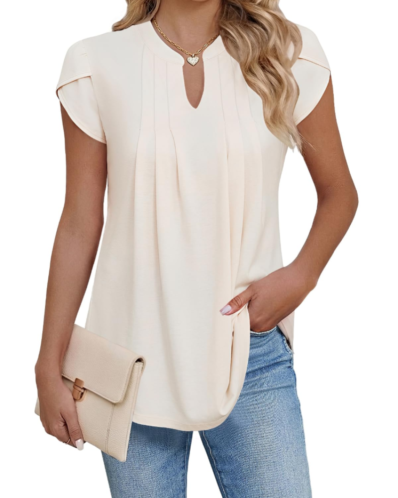 Pleated Blouse Womens V-Neck Petal Sleeve Loose Fit Curved Hem - image 6