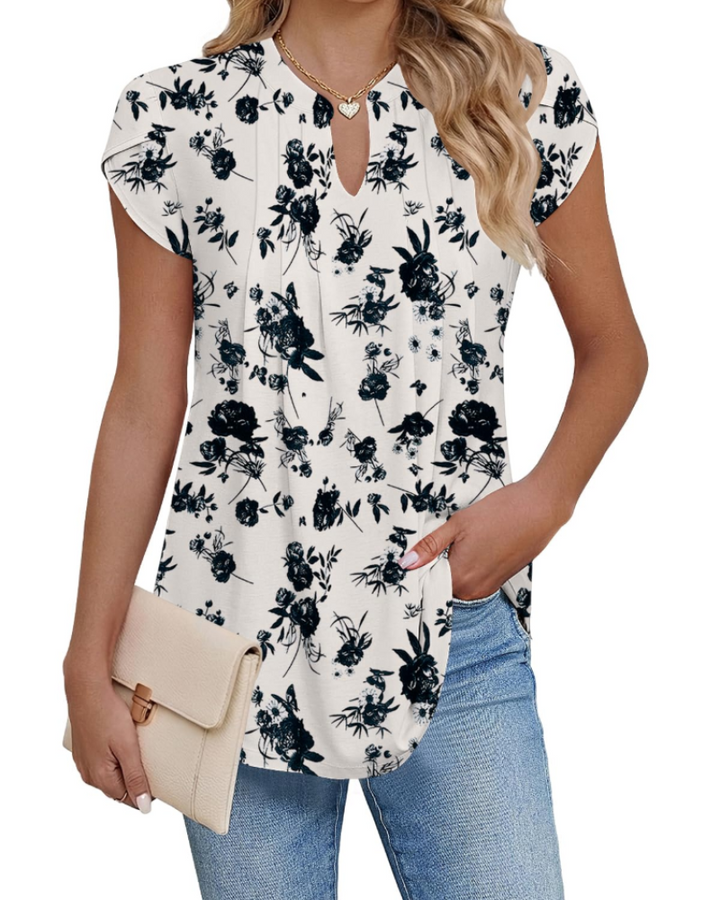 Pleated Blouse Womens V-Neck Petal Sleeve Loose Fit Curved Hem - image 3