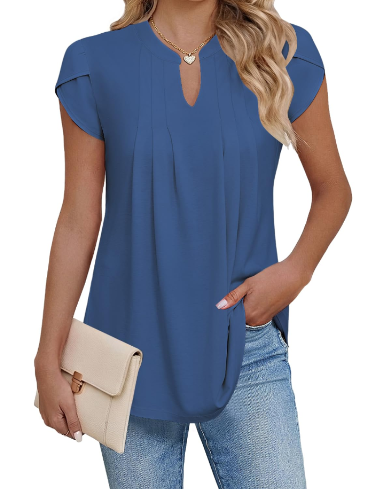 Pleated Blouse Womens V-Neck Petal Sleeve Loose Fit Curved Hem - image 7